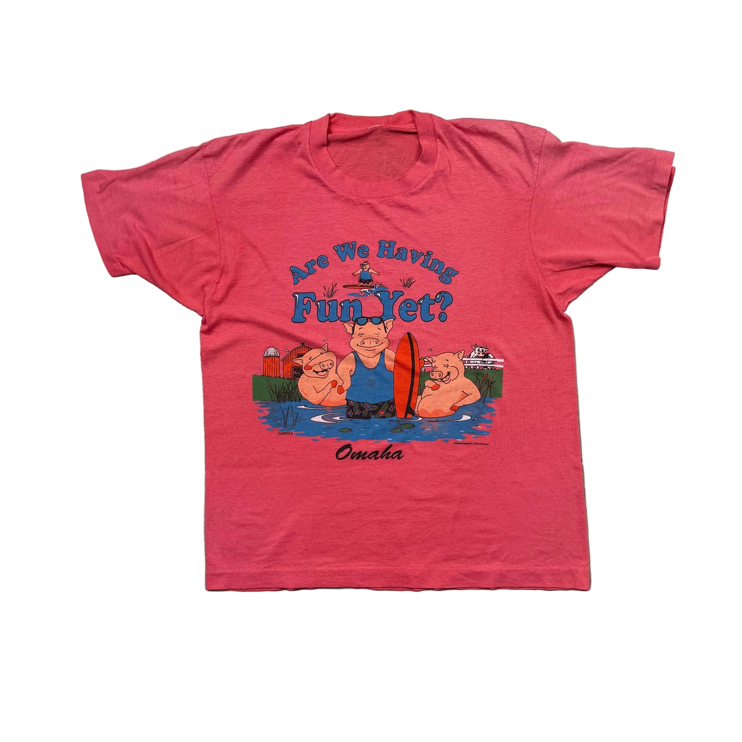 Vintage 1990 Sun Sportswear Omaha Pigs Surfing Graphic T-Shirt (S)