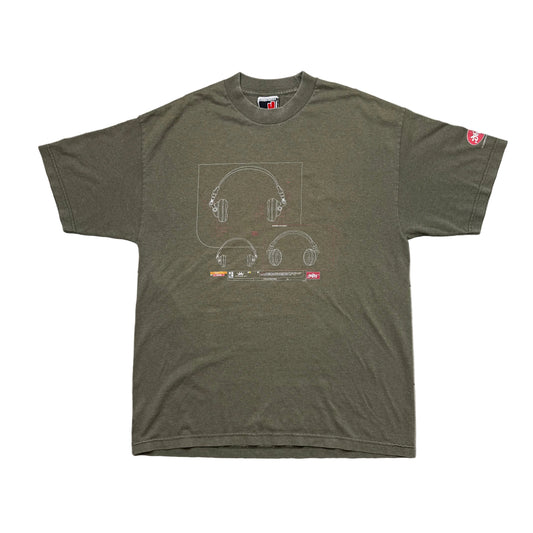 JNCO Vintage 90s Khaki Green Headphones Blueprint Graphic T-Shirt (L)