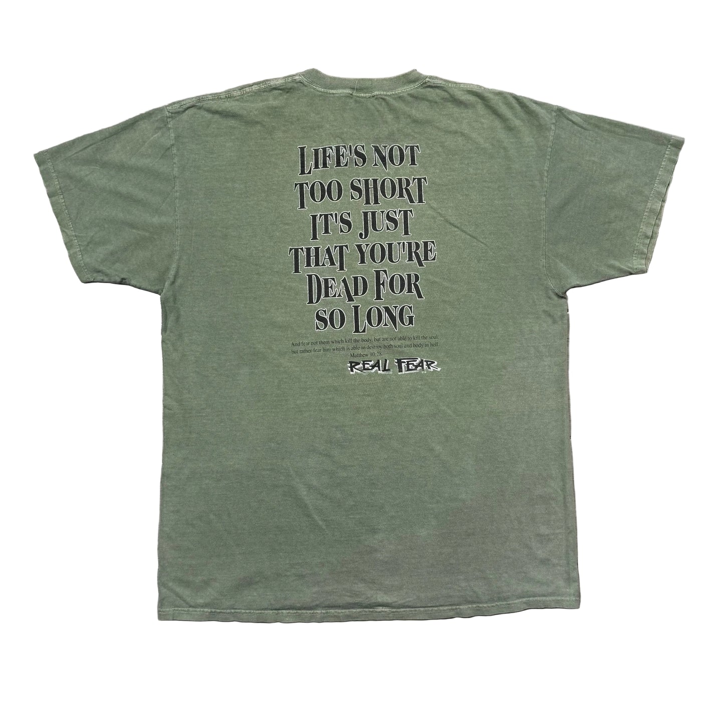 Rare Vintage Real Fear Life's Not Too Short Dead Too Long Christian Parody T-Shirt (XL)