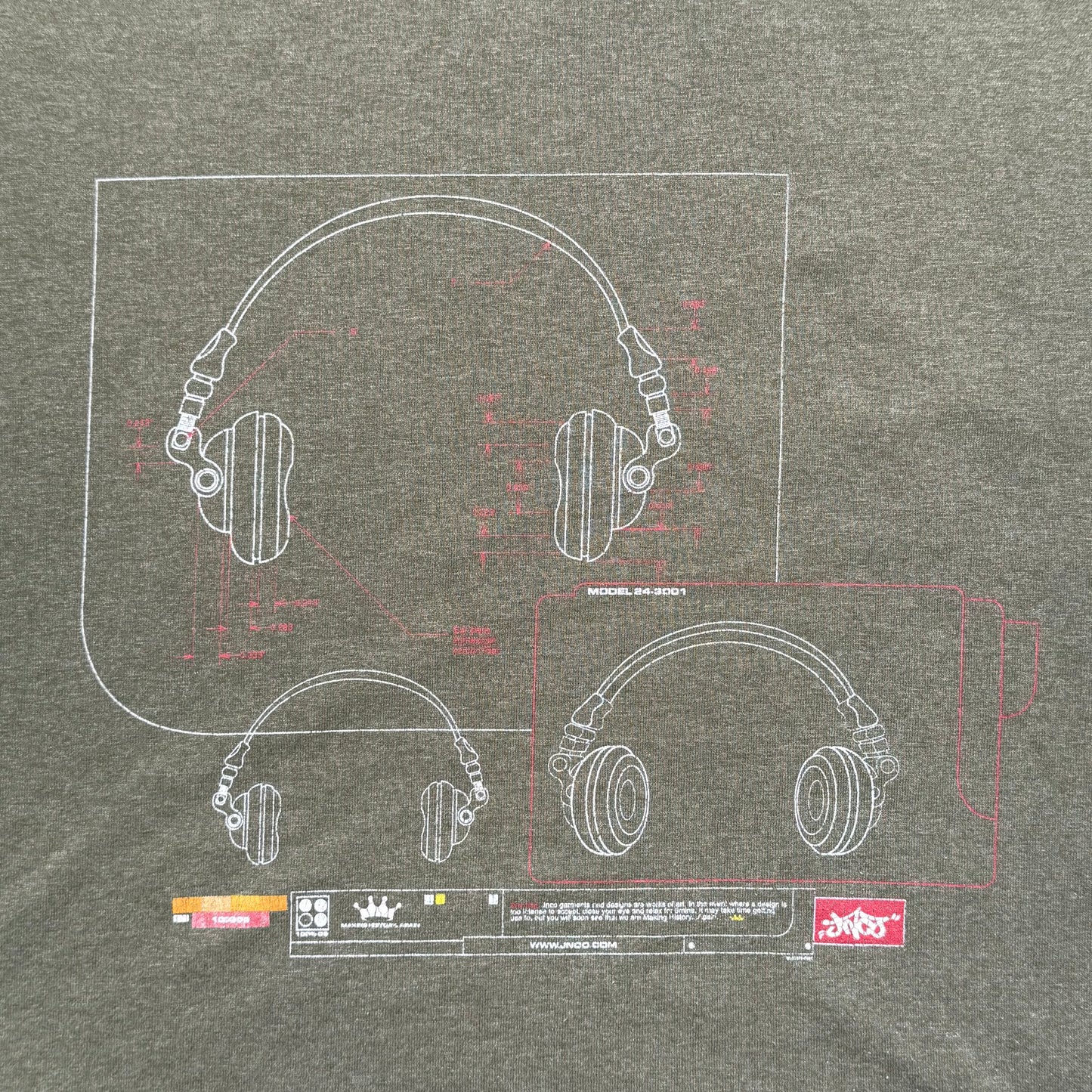 JNCO Vintage 90s Khaki Green Headphones Blueprint Graphic T-Shirt (L)