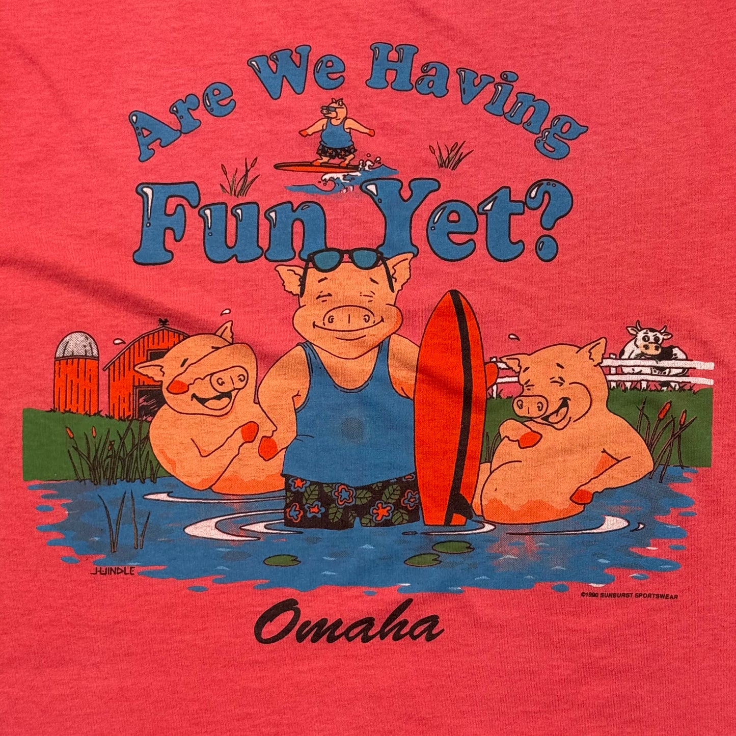 Vintage 1990 Sun Sportswear Omaha Pigs Surfing Graphic T-Shirt (S)