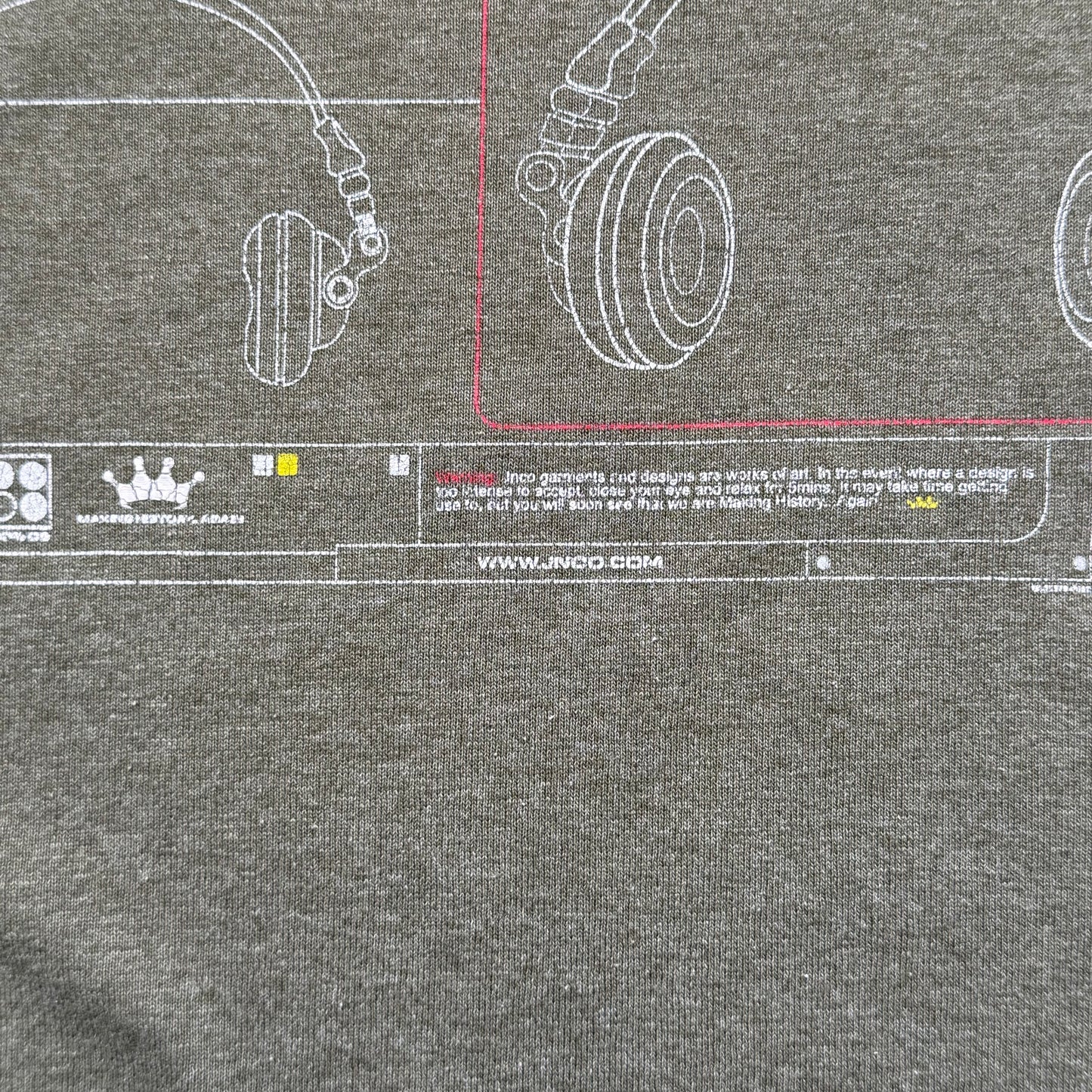 JNCO Vintage 90s Khaki Green Headphones Blueprint Graphic T-Shirt (L)